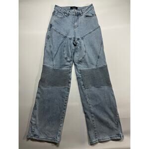 Akira Women's Wide Leg Moto Style Blue Denim Jeans - Size 3/W25 (26x30.5)